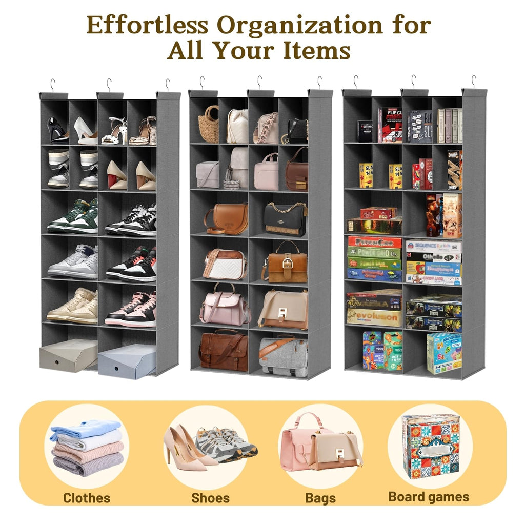 6 Tier Hanging Closet Organizer, 16 Compartments Dual Row Storage, Grey