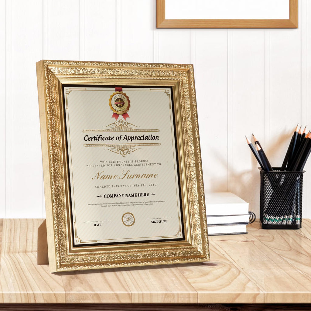 8.5 x 11 Picture Frames Set of 2, Vintage Gold 8.5 x 11 Diploma Certificate Frame for Tabletop or Wall Display