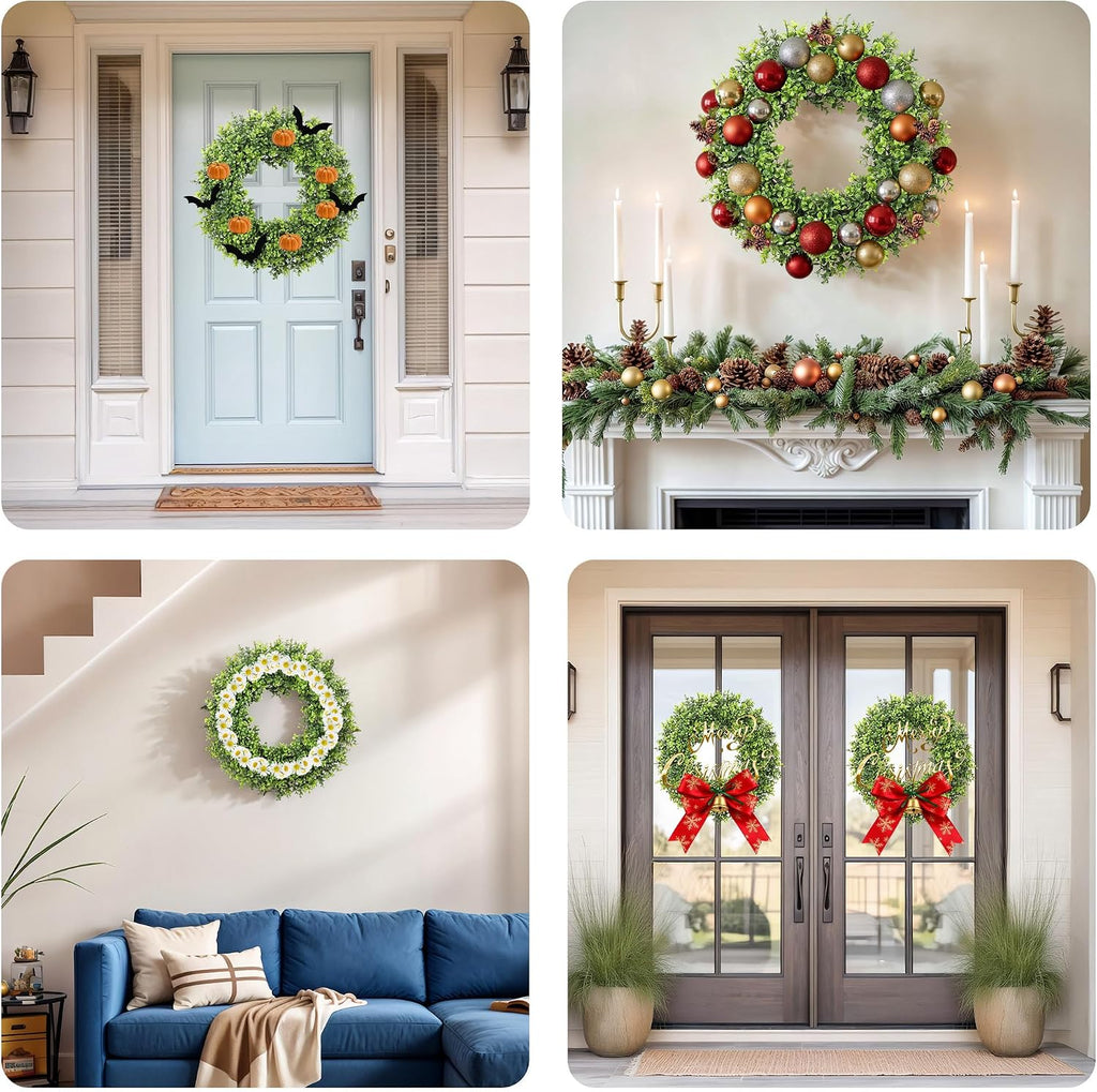 20IN Artificial Boxwood Wreaths for Front Door,Spring Summer All Season Wreath,Green Wreath Suitable