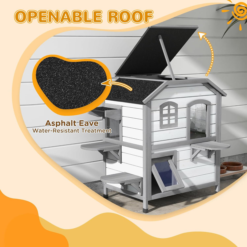 2-Story Cat House Outdoor, Weatherproof Wooden Cat Enclosure for Feral Cats with Escape Door, Openable Roof, Jumping