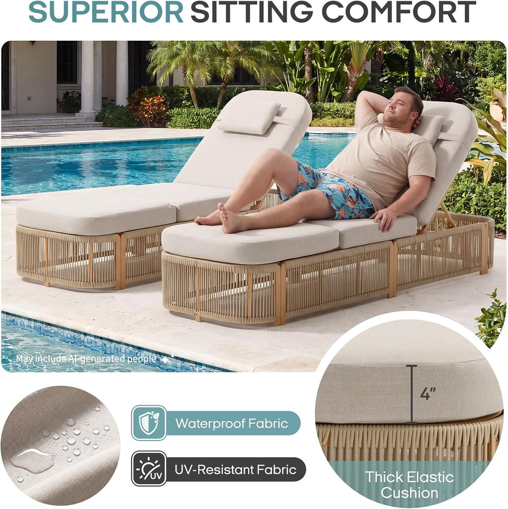 Outdoor Chaise Lounge Chairs Set of 2, 5-Position Adjustable Patio Reclining Lounge Chairs with Cushion, All-Weather