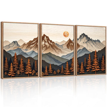 Boho Woodcut Mountain Framed Canvas Wall Art, Large Sun Forest Wall Decor, Orange Mid Century Sunrise Scene Artwork Set