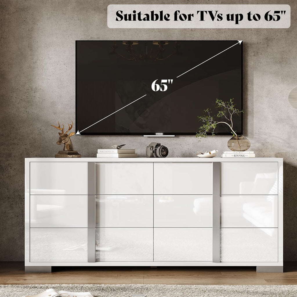 6 Drawer Dresser, Modern Storage Chest, High Gloss Finish, White