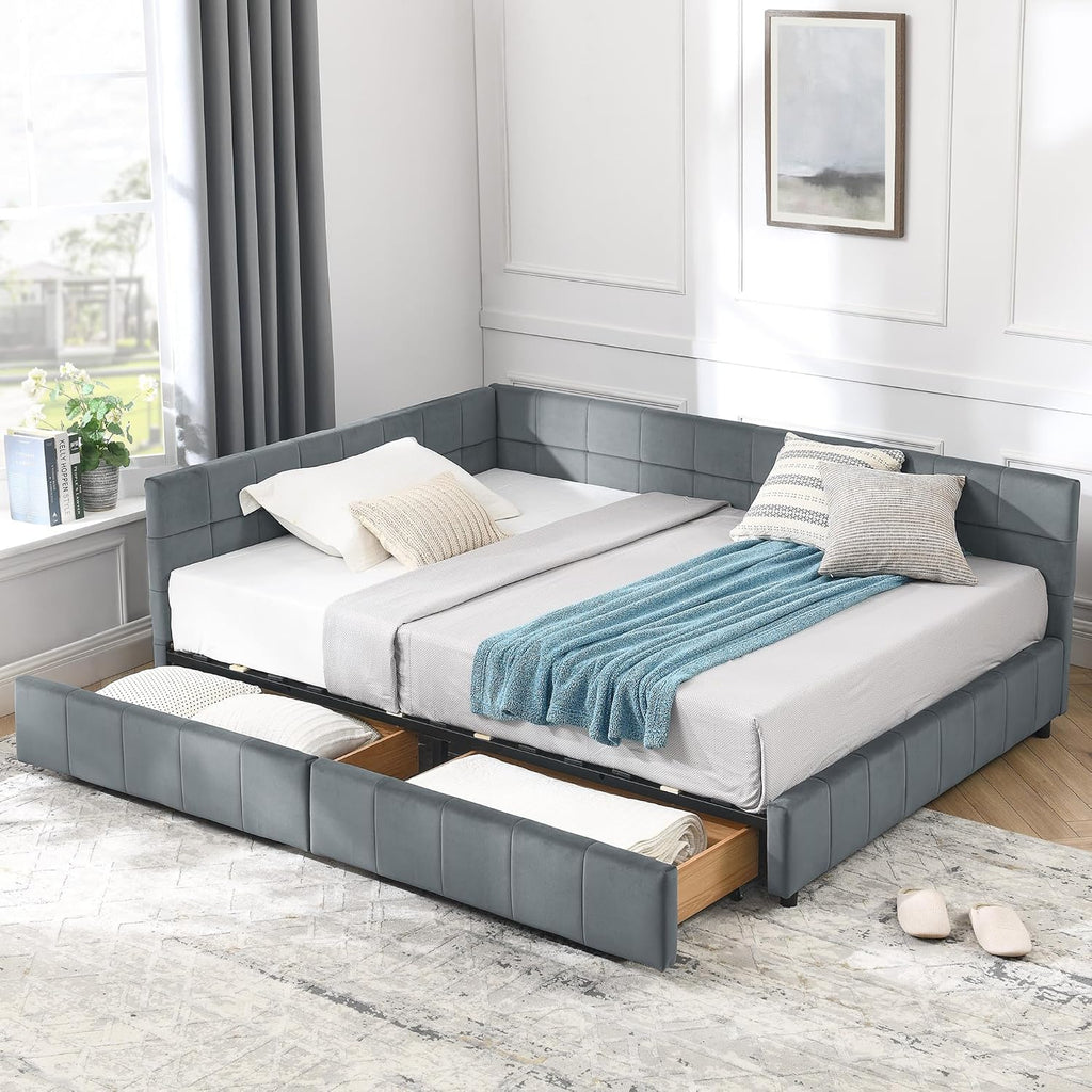 Queen Size Corner Bed Frame with Storage Drawers Comfortable Backrest