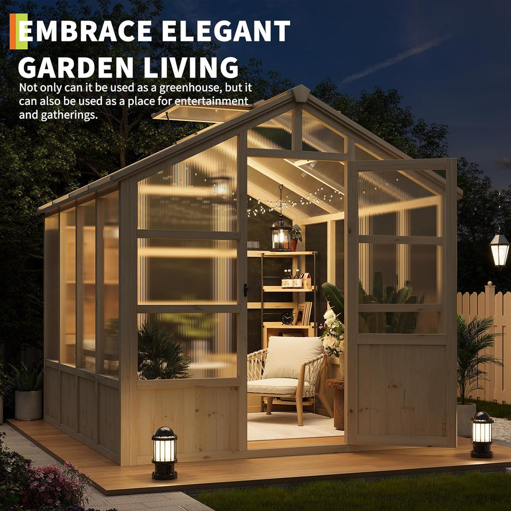 8x8FT Greenhouses for Outdoors, Wooden Greenhouse with Lockable Door, Wood Frame & Adjustable Vent, Polycarbonate