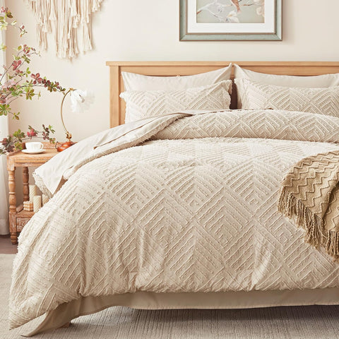 Queen Comforter Set 7 Pieces, Beige Bed in a Bag Queen, Tufted Boho Bedding Set with 1 Comforter, 2 Pillow Shams