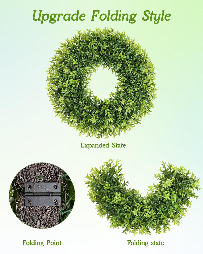 22 Inch Artificial Boxwood Wreaths for Front Door with Sash Outdoor Summer Wreath for Front Door, Spring Green Wreath