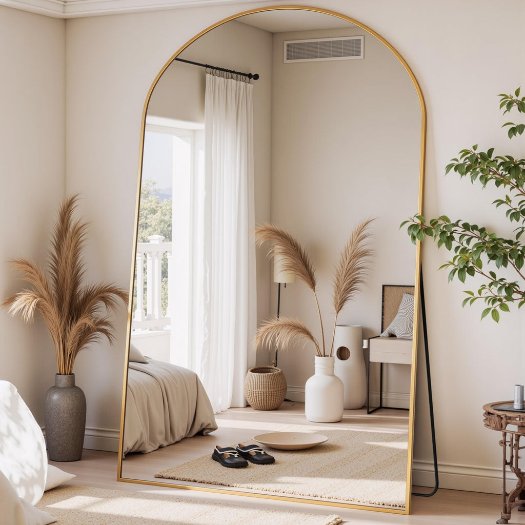 Full Length Mirror, 76"x44" Arched Standing Full Body Mirror, Gold