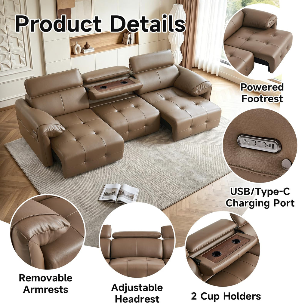 Electric Pull Out Couch 3-Seater Power Recliner Genuine Leather Sofa with 2 Put Out Footrest, Sectional Couches, Brown