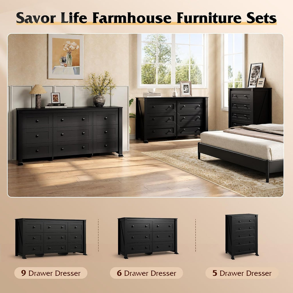 Black Dresser 6 Drawers , Wood Dresser TV Stand for 55" TV | SGS-Tested Large Wooden Chest of Drawers with Metal