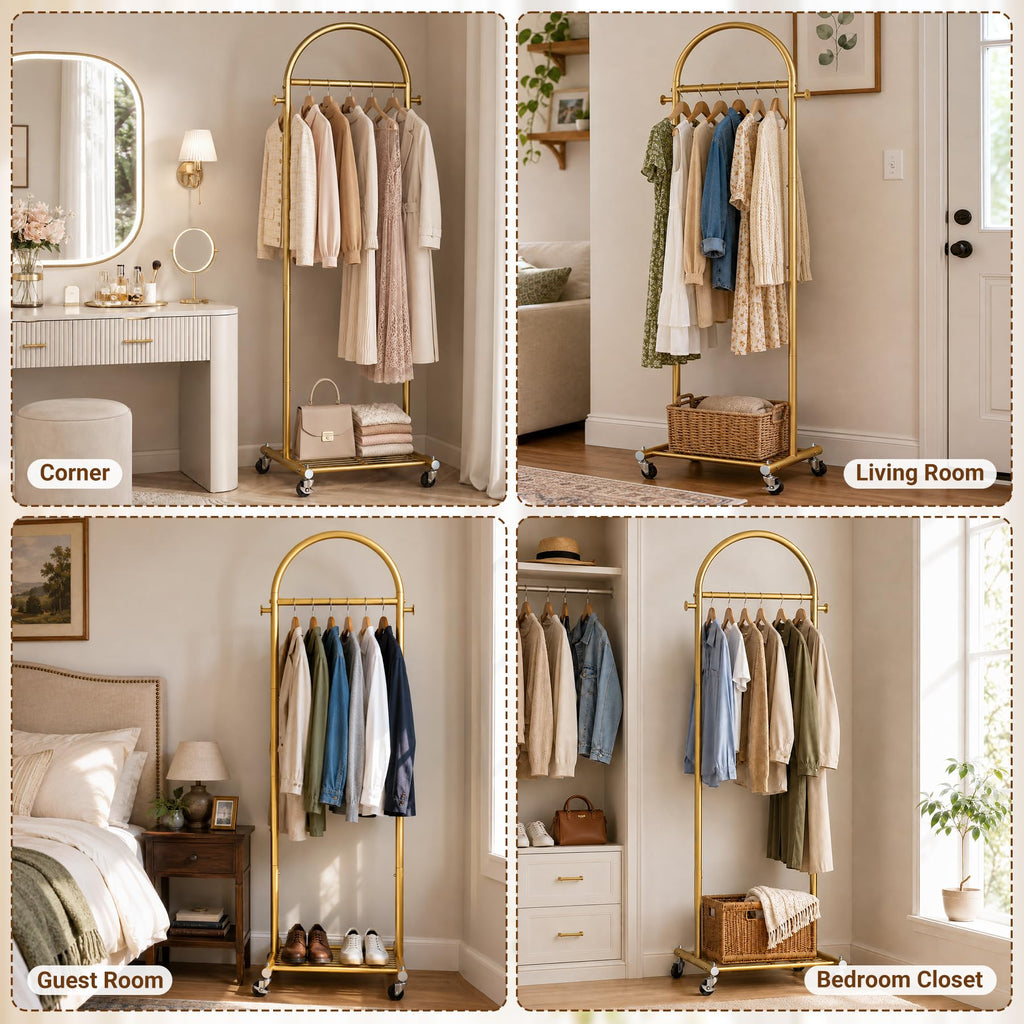 18" Small Clothes Racks for Hanging Clothes Arched Shape Gold Clothing Rack with Wheels 70.6" Metal Rolling Garment