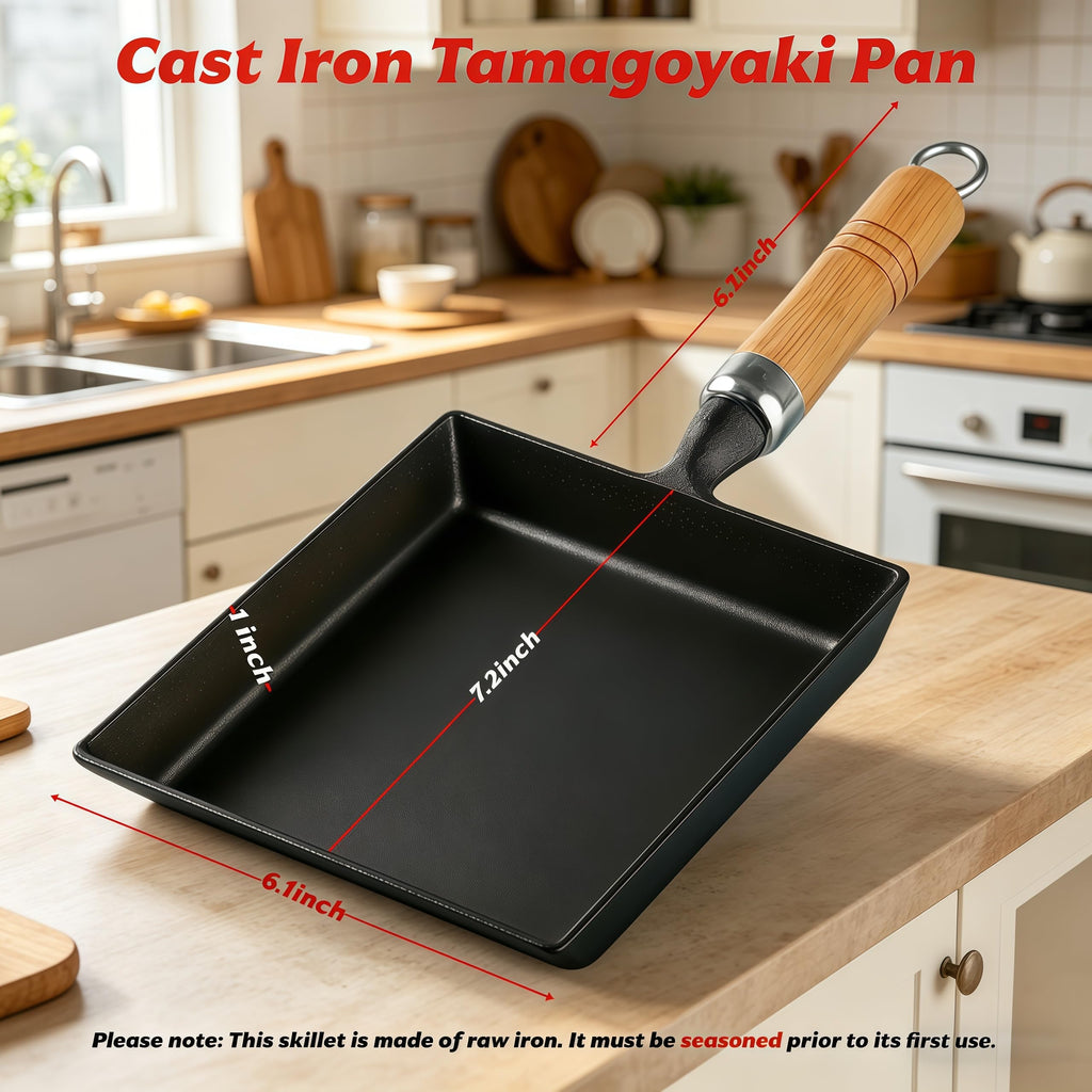 Tamagoyaki Pan, 7" Cast Iron Rectangle Japanese Rolled Egg Omelet Pan