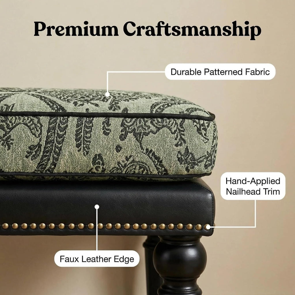 47" Upholstered Bed End Bench , Vintage Bed Bench | Vintage Solid Wood Bench with Detachable Washable Cover, Pattern
