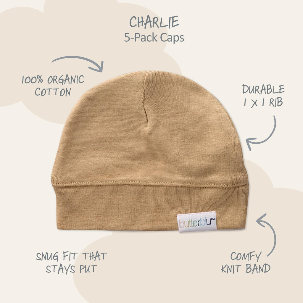 Charlie 5-Pack Caps 100% Organic Cotton Beanie Hats for Newborn Baby Boys & Girls, Terra, One Size