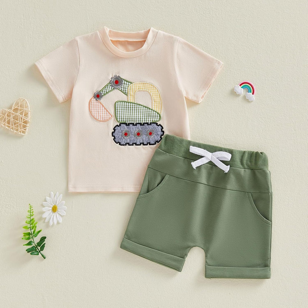 Toddler Baby Boy Summer Clothes Excavator Embroidery Short Sleeve T-Shirt Elastic Waist Shorts Set 2 Piece Outfit