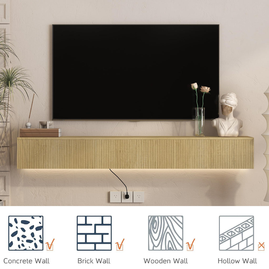Natural Floating TV Stand, Fluted TV Console Wall Mounted, Floating Entertainment Center, Fluted TVs Cabinet Wood, Oak