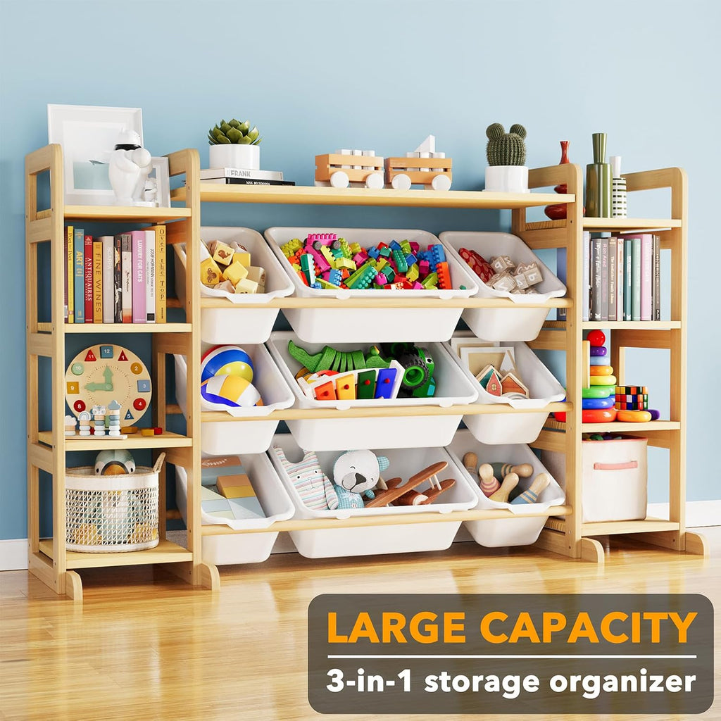 Large Toy Storage Organizer 9 Shelves 9 Bins, Toy Organizers Storage Bookshelf, Kids Bin Shelf Toys Box Bookcase