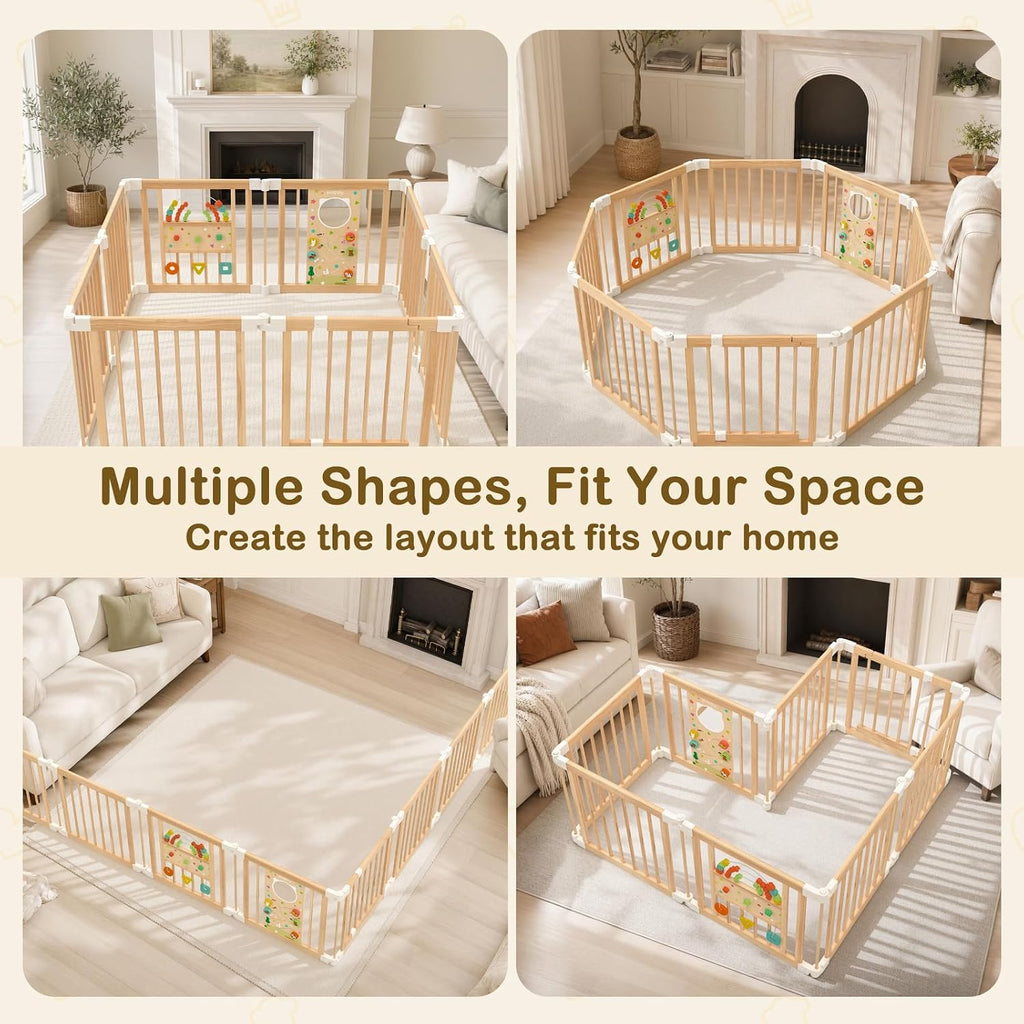 Wooden Baby Playpen with Montessori Toys, 8-Panel Large Foldable Play Yard | Adjustable Baby Fence for Babies and