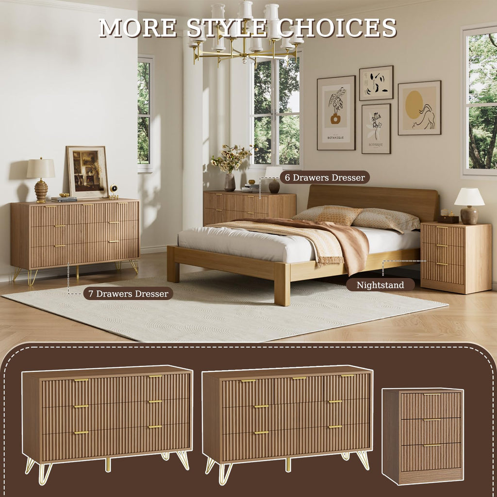 Fluted Dresser, Walnut 7 Drawer Dresser with Gold Handles and Wide Drawers, Wood Chest of Drawers (Walnut)
