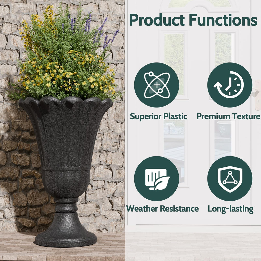 Tall Plastic Urn Planters and Pedestal - 24" Outdoor Planter Black