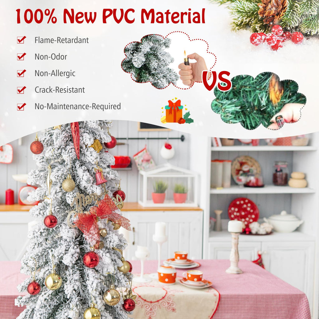 6 FT Pre-Lit Artificial Christmas Tree, Snow Flocked Slim Pencil Christmas Tree with Multi-Color & Warm-White LED