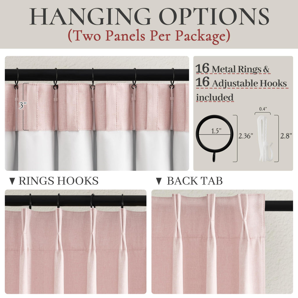 Baby Pink Modern Pinch Pleated Curtains & Drapes 84 Inch Length 2 Panels Set, Blackout Thick Linen Blend Thermal