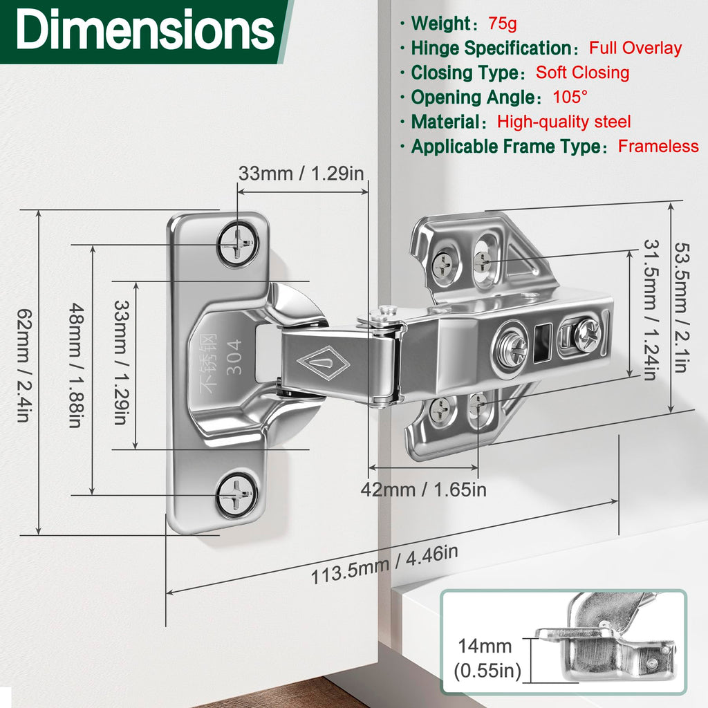 10 Pair 20 Packs Full Overlay Kitchen Cabinet Door Hinges, 105° Frameless Concealed Soft Close Adjustable Cabinet