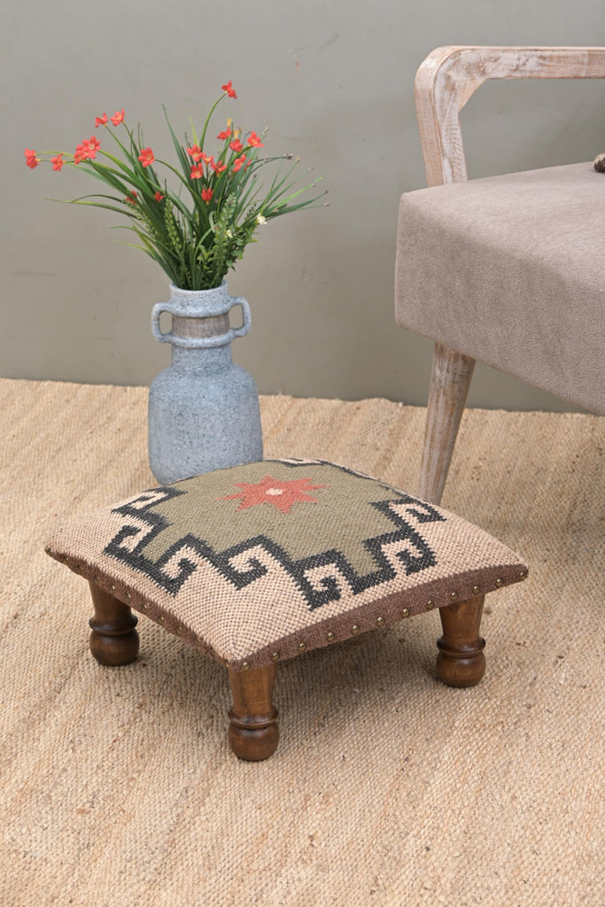Upholstered Ottoman Footstool with Tribal Aztec Fabric | Rustic Wooden Accent Stool with Turned Legs | Decorative