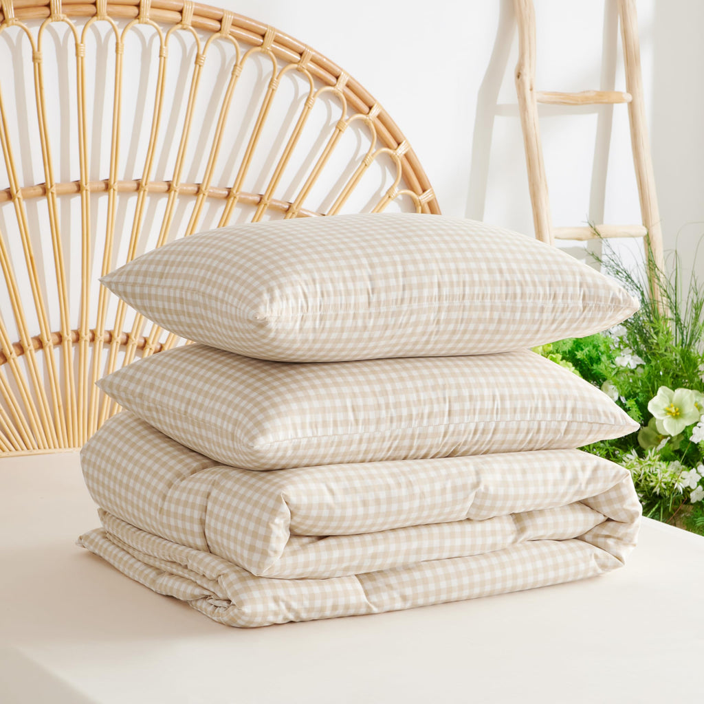 Gingham Comforter Set Beige Bedding Set and 2 Pillowcases