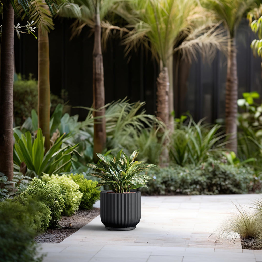 Small Round Pedestal Black Concrete Planter 11" Dia, Outdoor