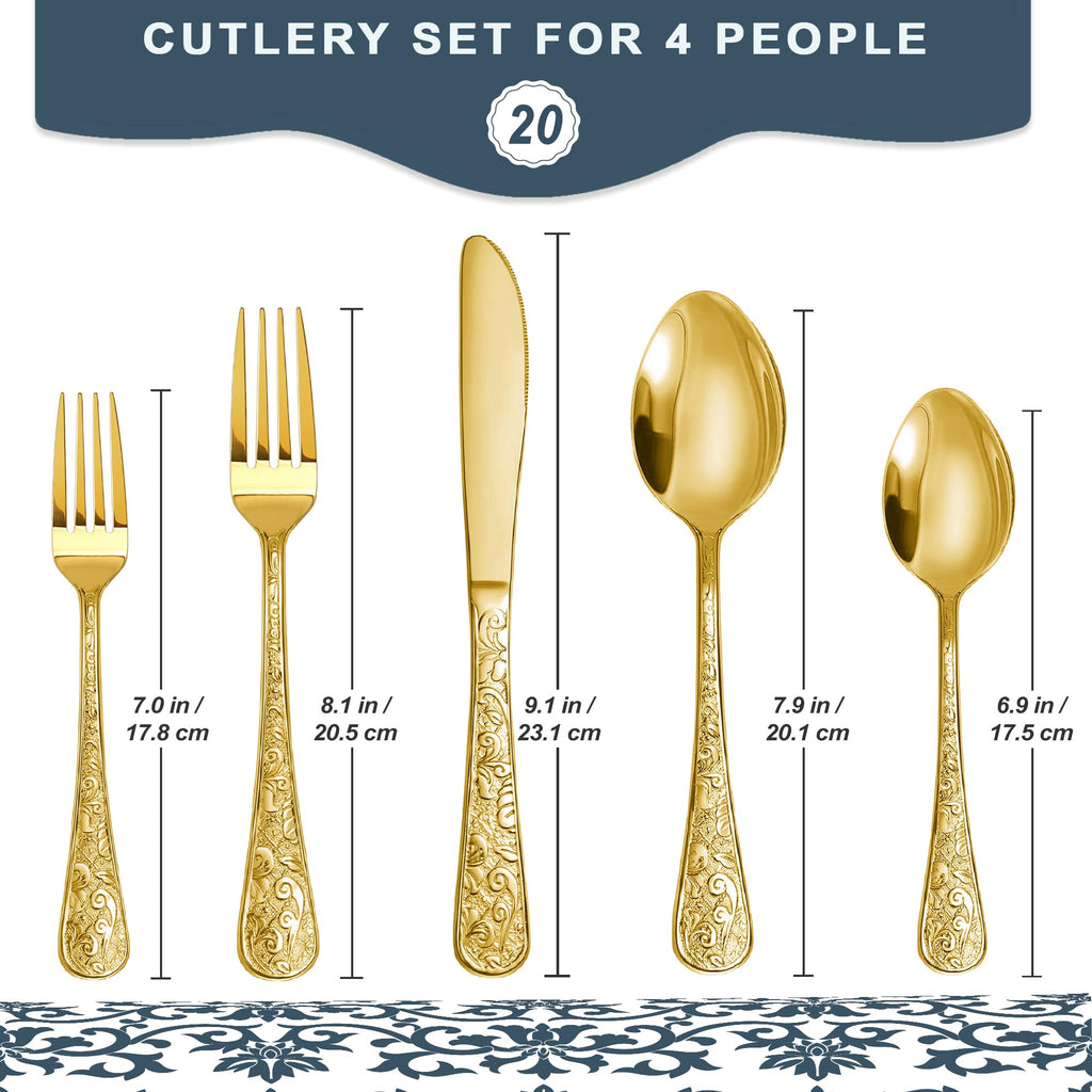 Vintage Carved Gold Stainless Steel 20-Piece Flatware Set