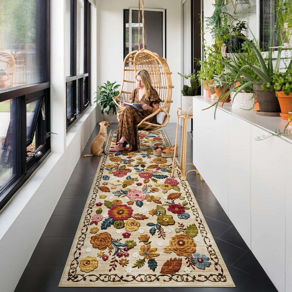 Washable 2.6x10 Runner Rug, Beige Boho Floral Non-Slip