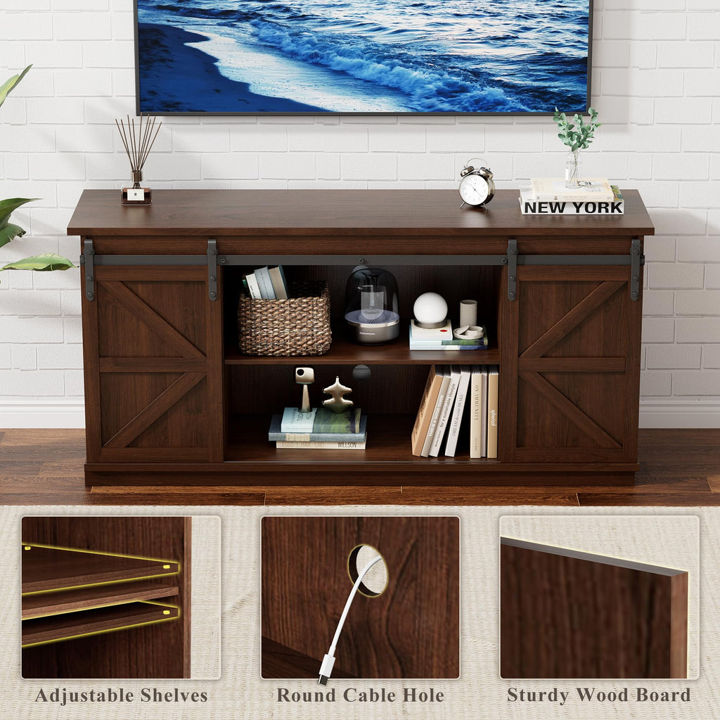 58" TV Stand for TVs up to 65", Sliding Barn Doors, Espresso | Farmhouse Entertainment Center, Storage Cabinets