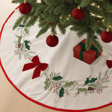 48 Inch Velvet Christmas Tree Skirt Red Bow Holly Embroidery