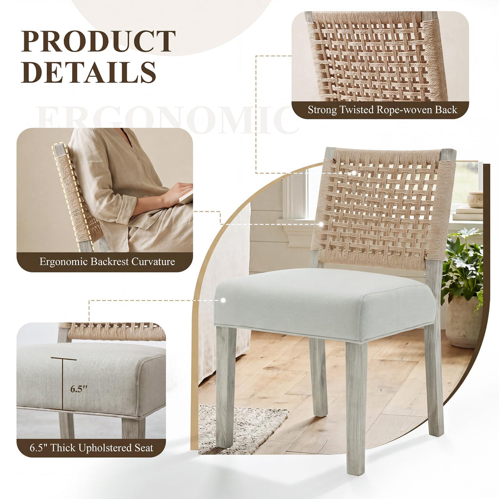 Upholstered Dining Chairs Set of 6, Boho Coastal Dining Room Chairs with Natural Woven Rope Back White Gray Washed