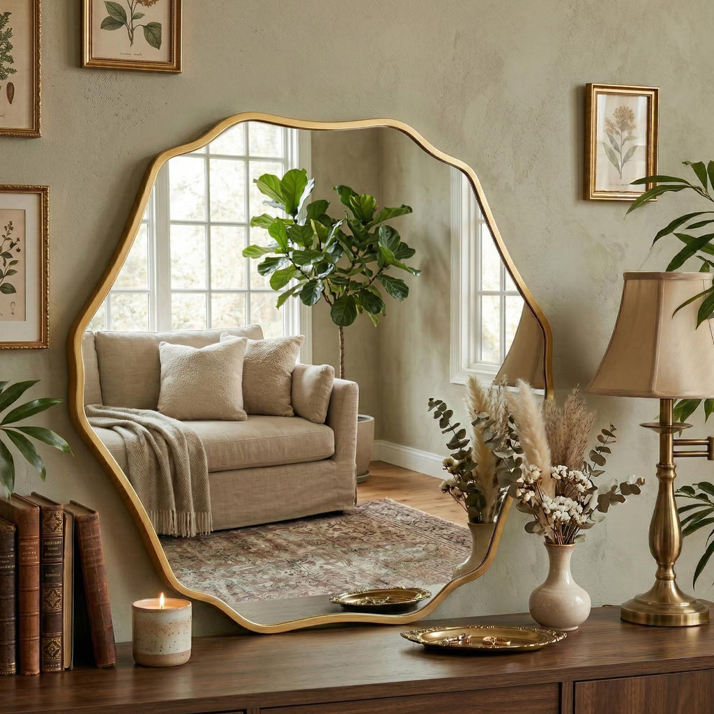 Irregular Hexagon Wall Mirror with Wavy Edge, Modern Decorative Mirror, Frameless Vanity Mirror