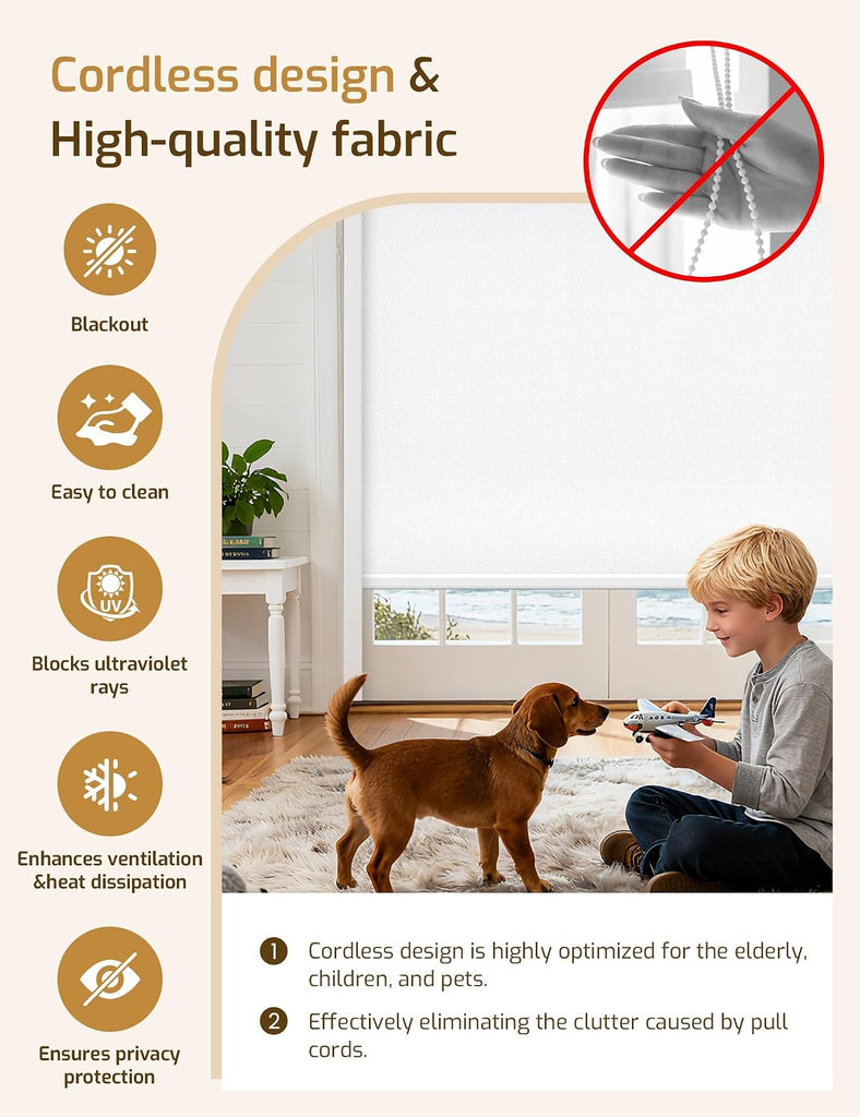 No-Drill No Tools Motorized Blinds with Remote | 34x36 White | Electric Blackout Smart Roller Shade/APP/Voice Control