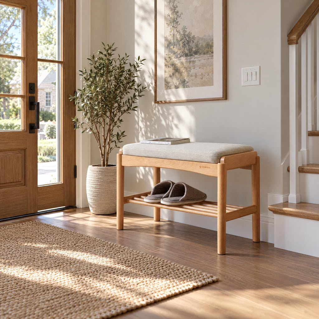 Solid Wood Shoe Bench, Small Entryway Bench with Light Gray Cushion
