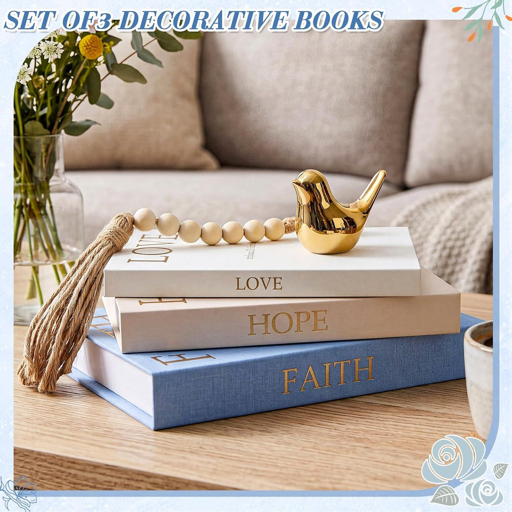 Set of 3 Linen Decorative Books Set Includes Gold Bird and Wooden Beaded Tassel Elegant Aesthetic Fake Books for