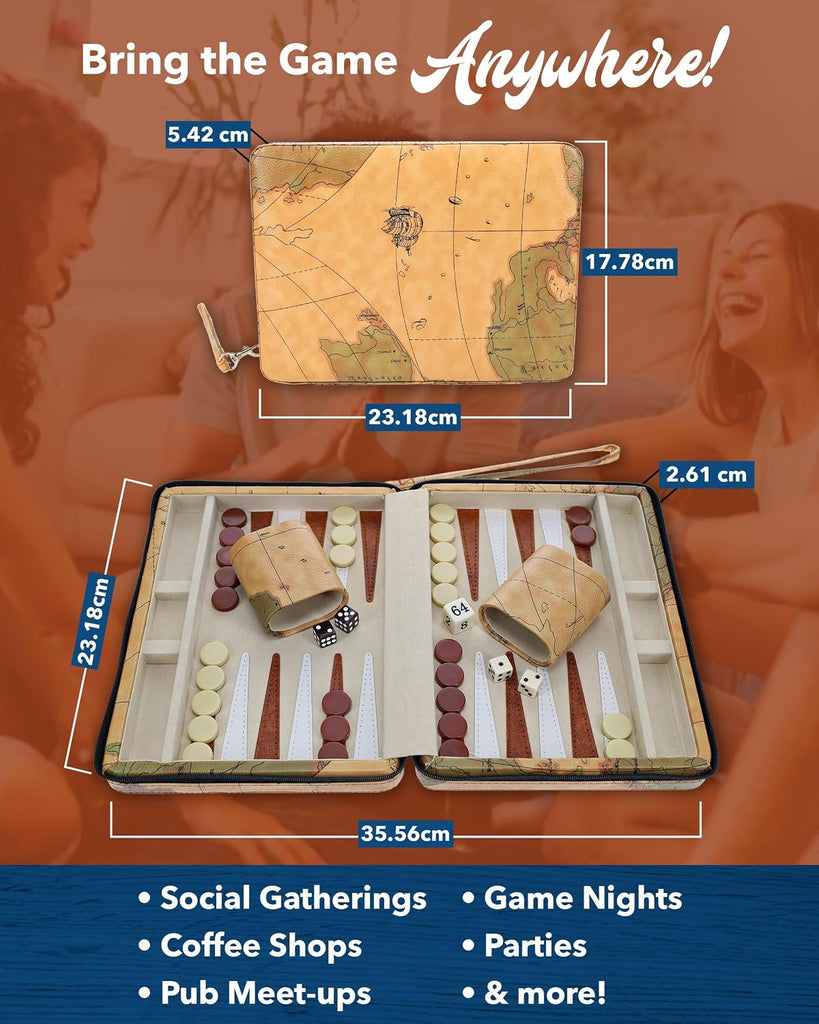Magnetic Map Style Backgammon Board and Carrying Strap - Board Games for Adults, Travel Games, Travel Backgammon Sets