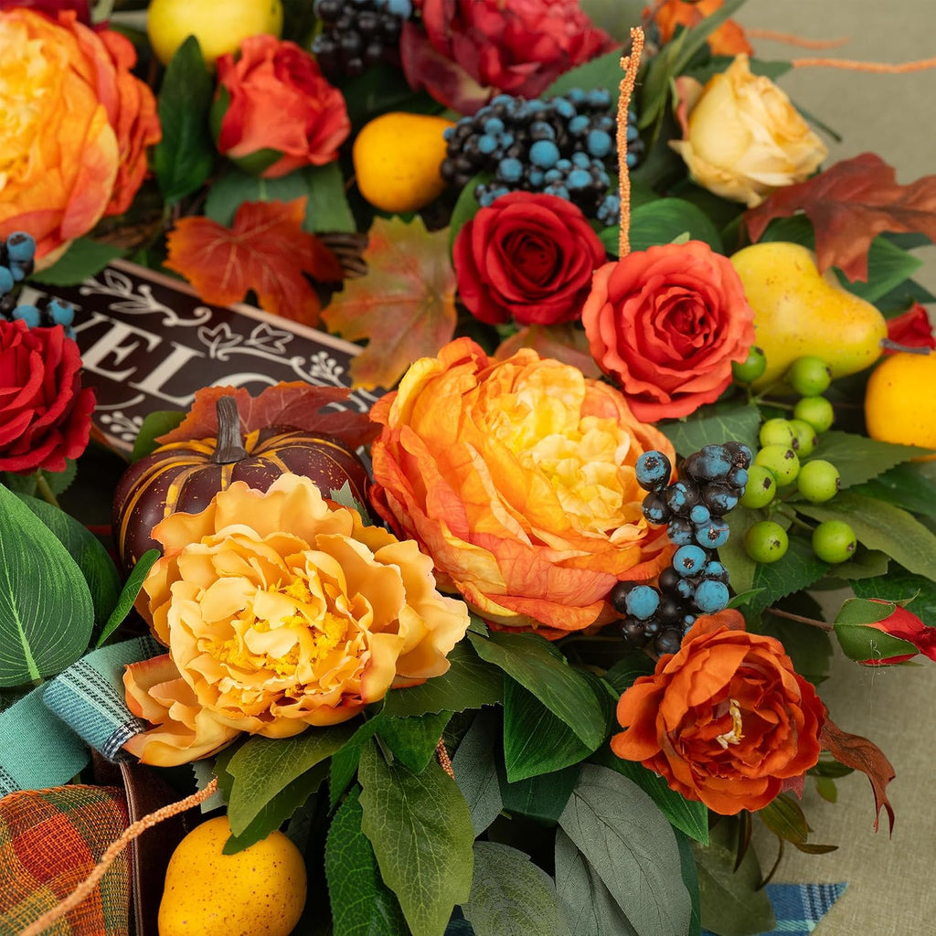 Fall Wreaths for Front Door, 24 in Autumn Harvest Wreath for Thanksgiving - Set of 5