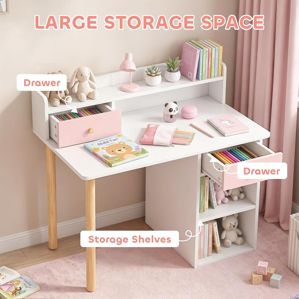 Kids Desk and Chair Set, Storage Hutch, Ages 3-8, Pink