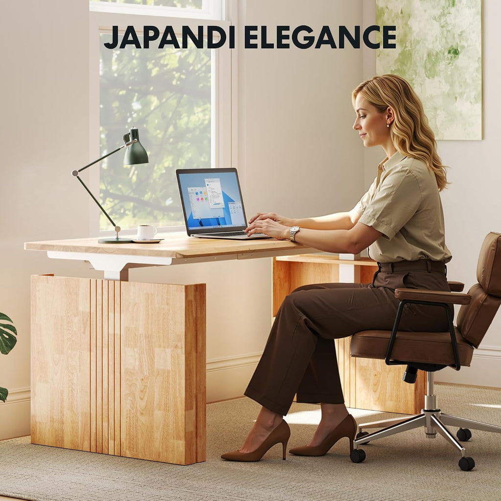 WoodiX Solid Wood Executive Standing Desk | 63 x 30 Inch Japandi-Inspired Sit-Stand Desk, Sculptural Fluted Legs