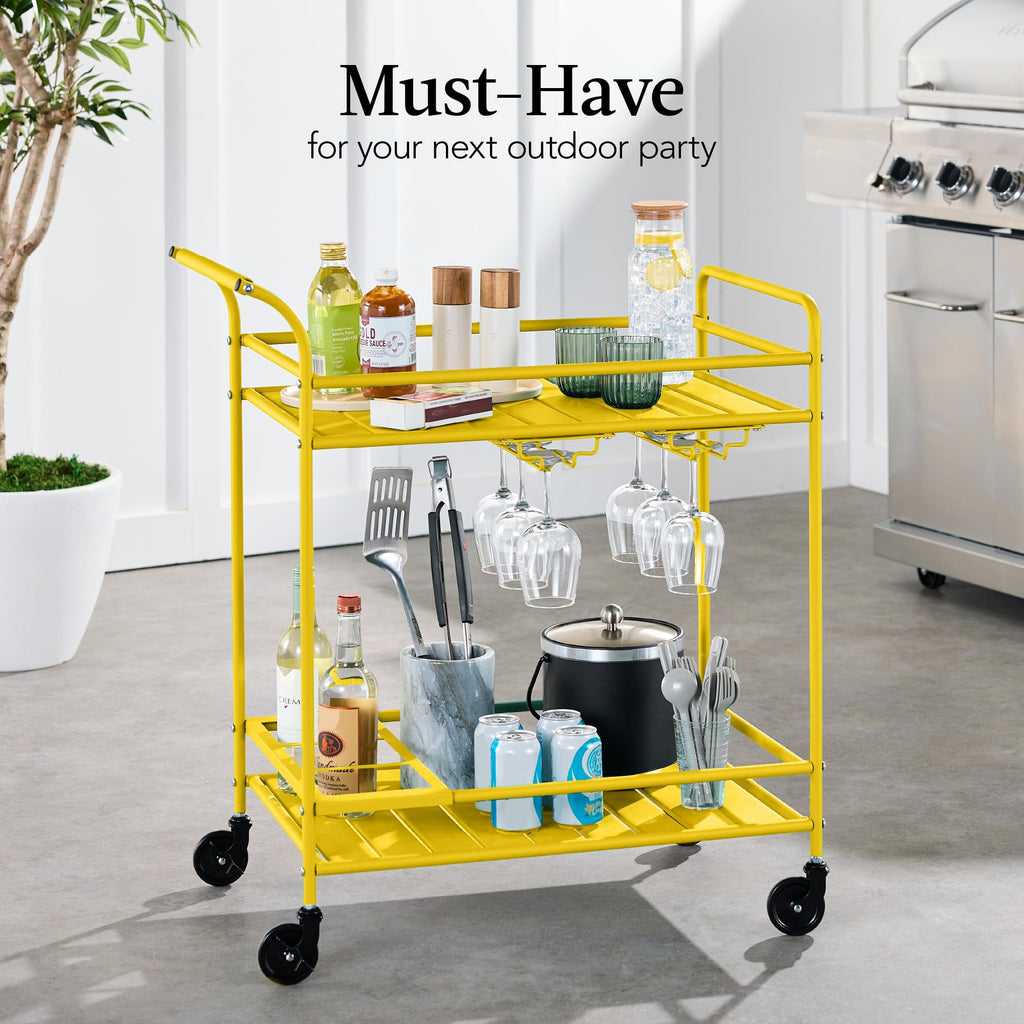 Rolling Bar Cart, Mobile Home Bar Serving Cart, Serving Station w/ 2 Tier Shelves, Wine Rack, Lockable Wheels - Yellow