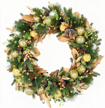 32 Inch Pre-Lit Botanical Christmas Wreath with 60 Warm White LEDs and Timer, Battery Operated Artificial PE & PVC
