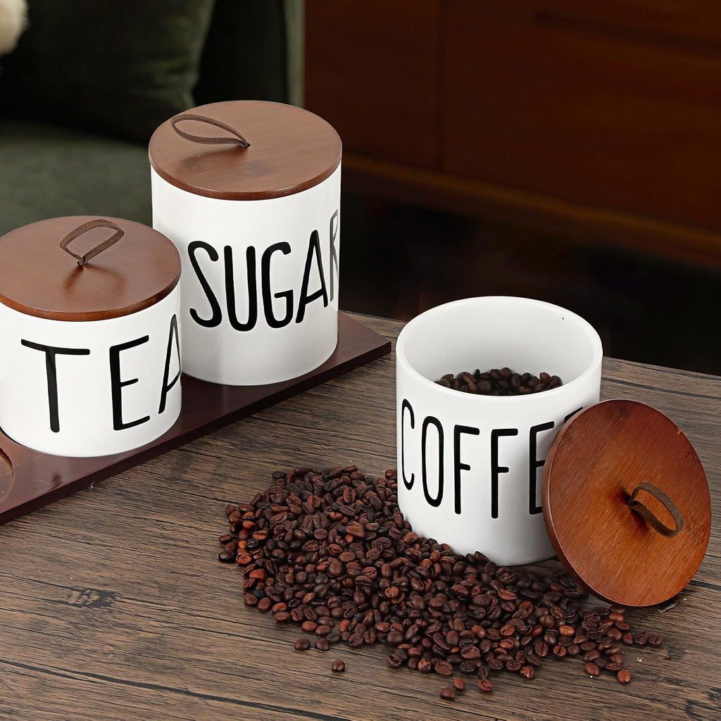 Ceramic Coffee Sugar Tea Canister Set with Lid and Tray - Set of 3