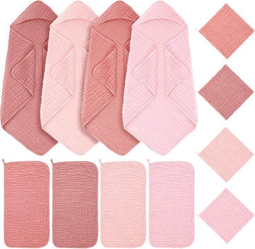 12 Pcs Muslin Hooded Baby Bath Towel Set, Pink Series