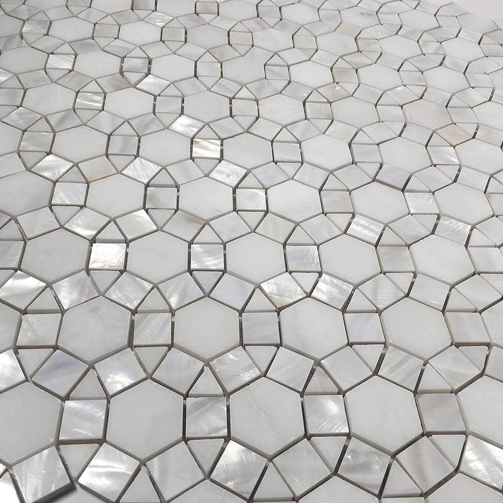 Thassos Hexagon Marble with Circulos Mother of Pearl Mosaic Tile Box of 5 Sheets Backsplash Bathroom Shower Accent