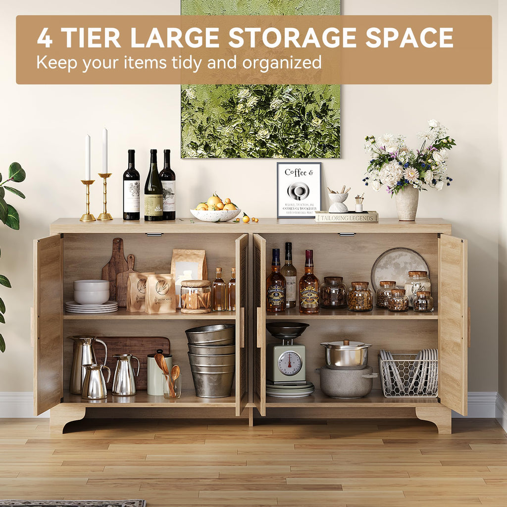 Natural Rattan Storage Cabinet with Shelves, 4-Door Sideboard Buffet Cabinet, Boho TV Stand Console Table, Dinning