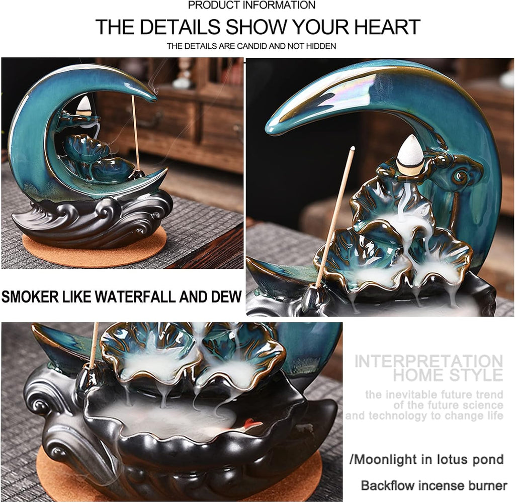 New Moon Backflow Incense Holder, Ceramic Hand-Made Incense Fountain Burner with 100 Backflow Incense Cones,Fragrance - Set of 140